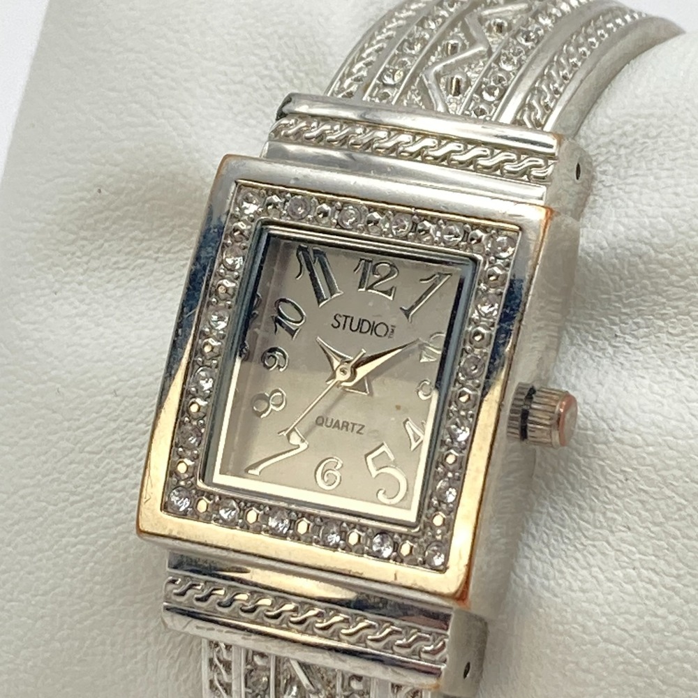 Studio Time Women's Tank Watch Silver Tone Cuff Crystals 23mm New Battery 6.25"